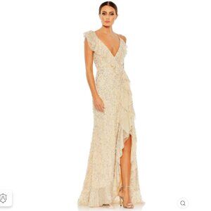 EMBELLISHED RUFFLED FAUX WRAP SLEEVELESS GOWN COLOR—Nude Size 10,4 New With Tags